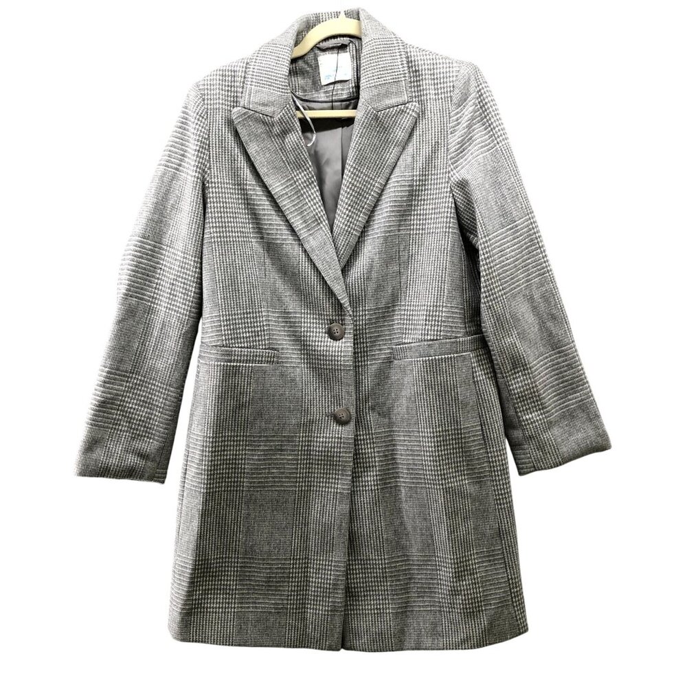 Primark Longline Blazer Womens 4 Gray White Plaid Overcoat Topper‎ Jacket